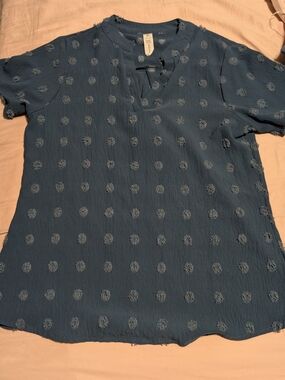 Blue Textured Dot Short Sleeve Top